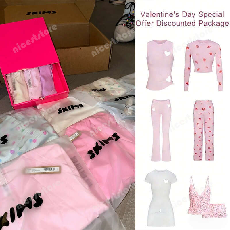 New Limited Skimss Lounge Set Women Valentine Pjs Set Comfortable Underwear Bra Set Blended Fabric Women Pink Style Sleeve Underwear Pajama Skimss Shirt Dress Set