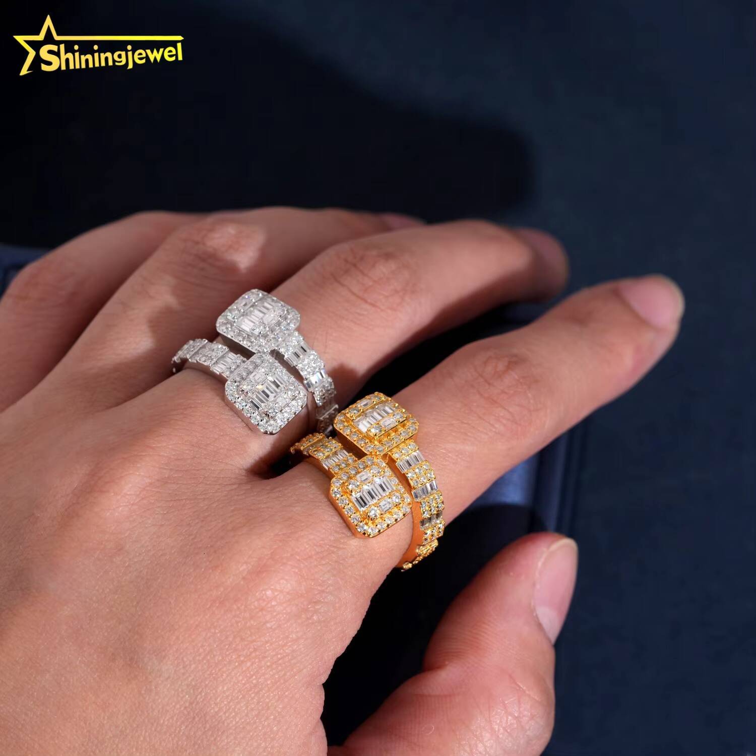 Real Gold Plated Square Shape Open Ring Pass Diamond Tester Hip Hop Jewelry 925 Silver Fully Iced Baguette Moissanite Men Ring
