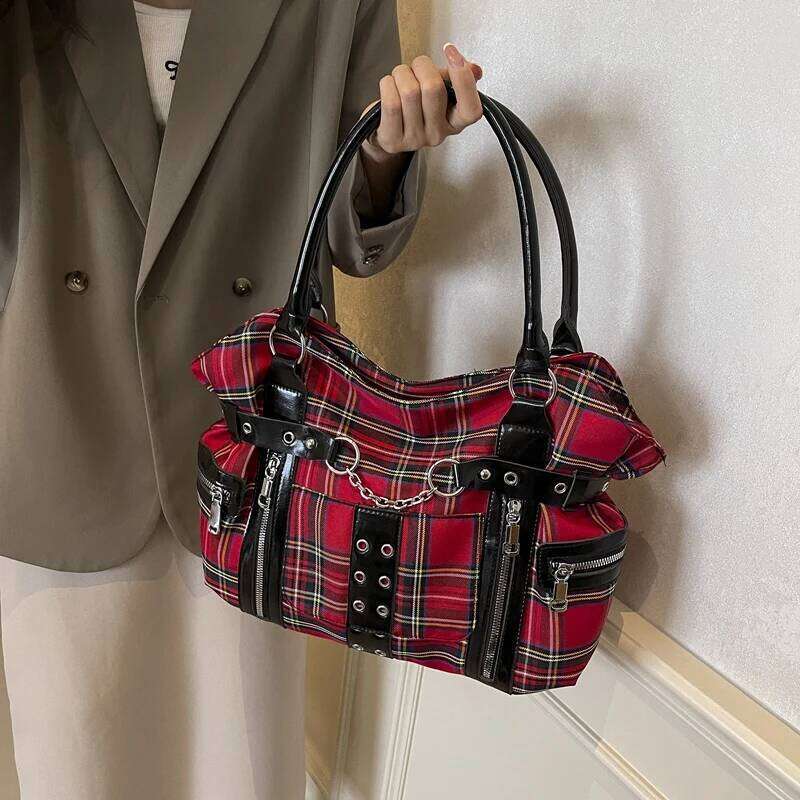 Fashion Check Pattern Gothic Punk Tote Large Capacity Rivet Belt Design Women's Casual Commuter Shoulder Hand-held Bag C260204