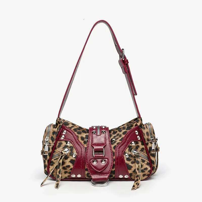 NEW Bags Women Luxury Designer leopard print Handbags Purses 2025 New PU Vintage Oil Wax Leather Rivet Small Underarm Shoulder C260204