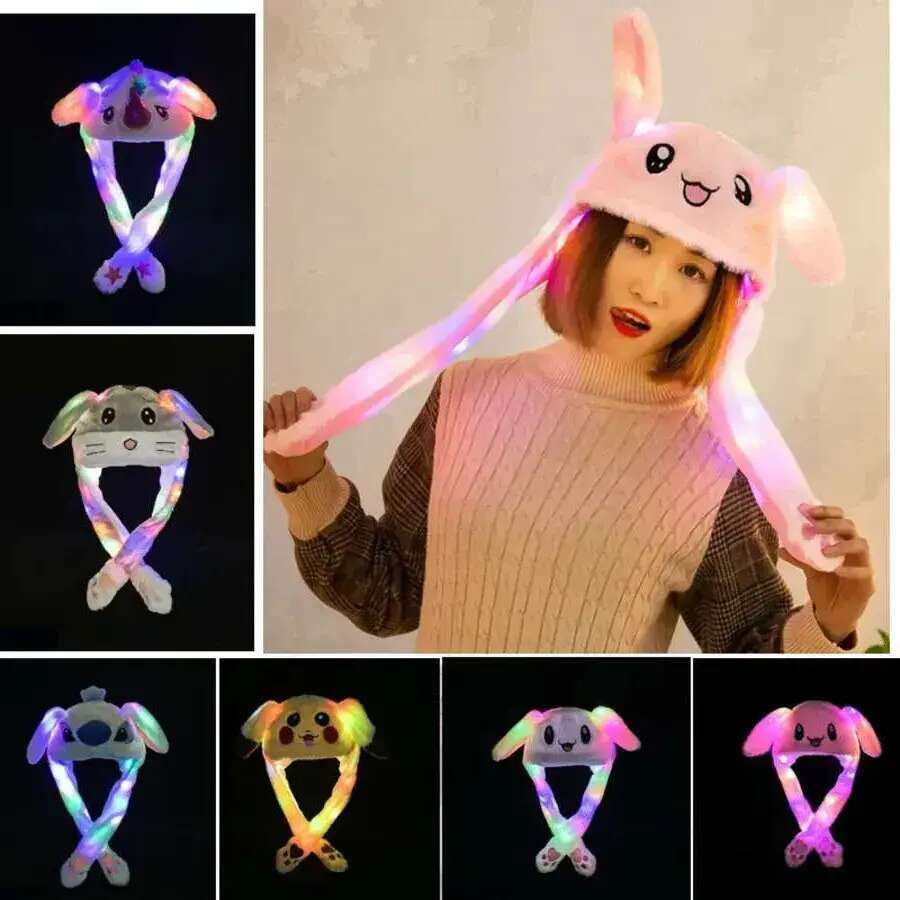 Designer LED Light Up Plush Rabbit Funny Glowing And Ear Moving Bunny Cap For Women Girls Cosplay Christmas Party Holiday Hat G1113 Decoration