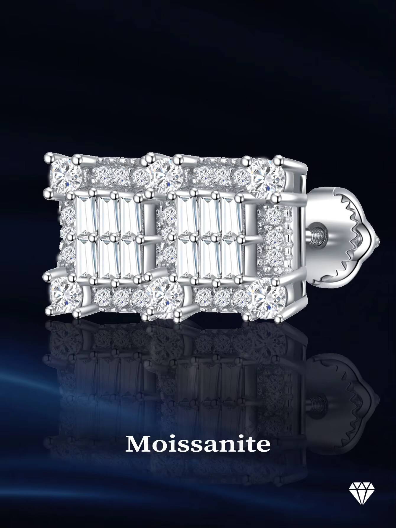 Moissanite Earrings Screw Earrings S925 Sterling Silver Luxury Moissanite GEM men Women Square Rhodium Stud Earrings - view 5