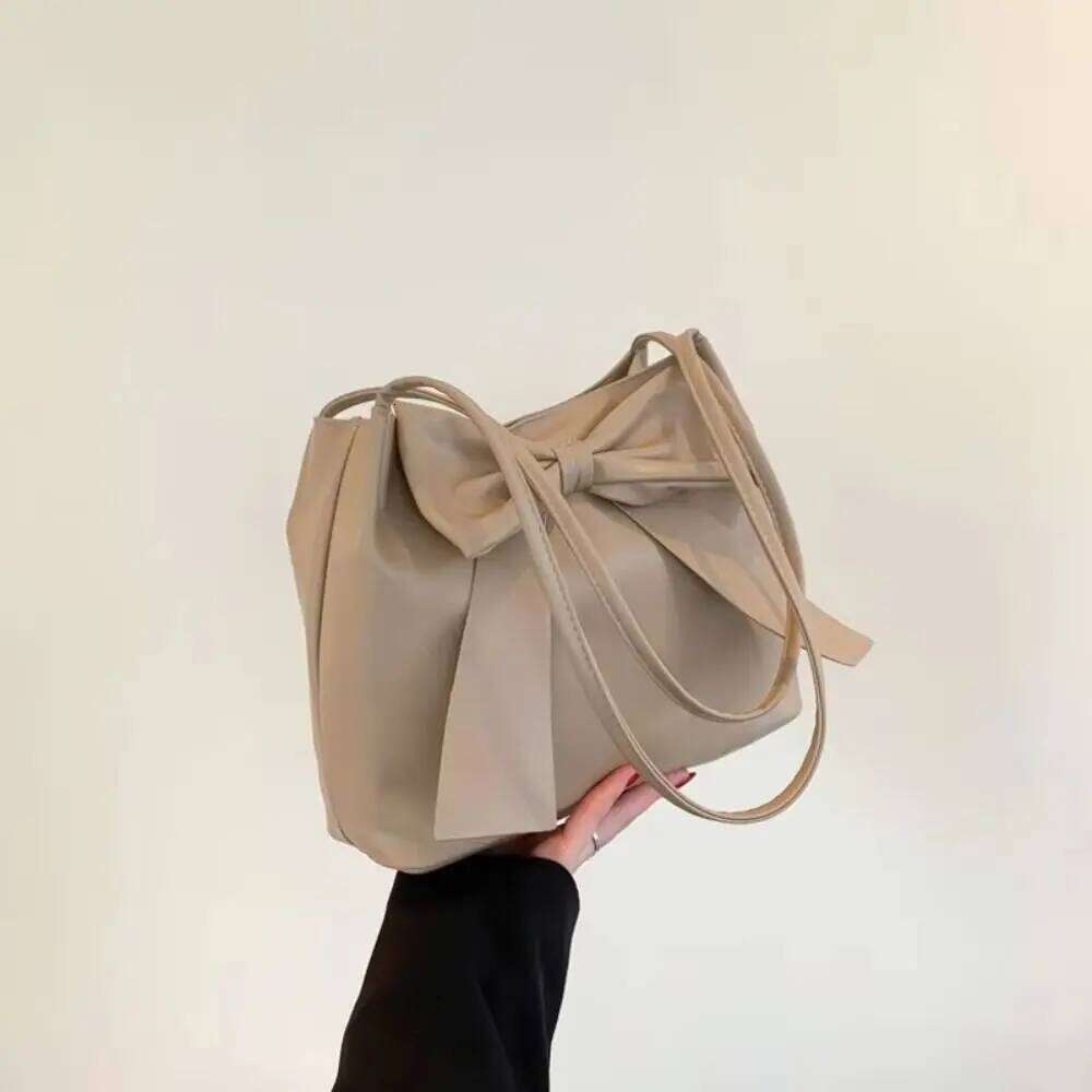Simple Solid Color PU Bow Shoulder Bucket Portable INS Tote Luxury Korean Style Fashion Underarm Bag Decoration C260204