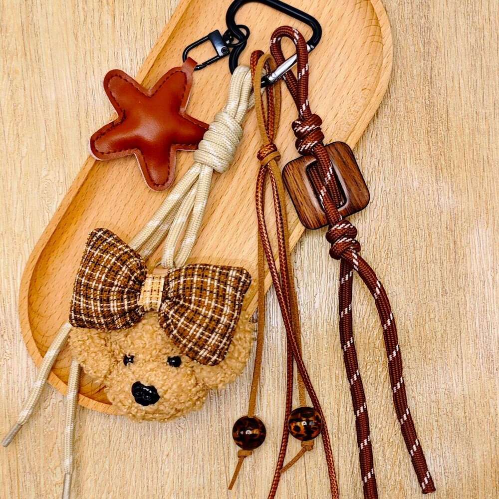 Plush Puppy Bow Keychain PU Star Beads Braided Rope Bag Pendant Accessory Phone Chain
