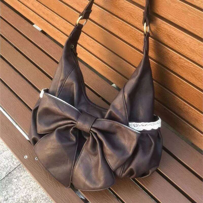 Korean Retro Bow Lace Tote Women Brown Soft Leather Large Capacity Shoulder Ladies Sweet Cute Harajuku Crossbody Bag New C260204