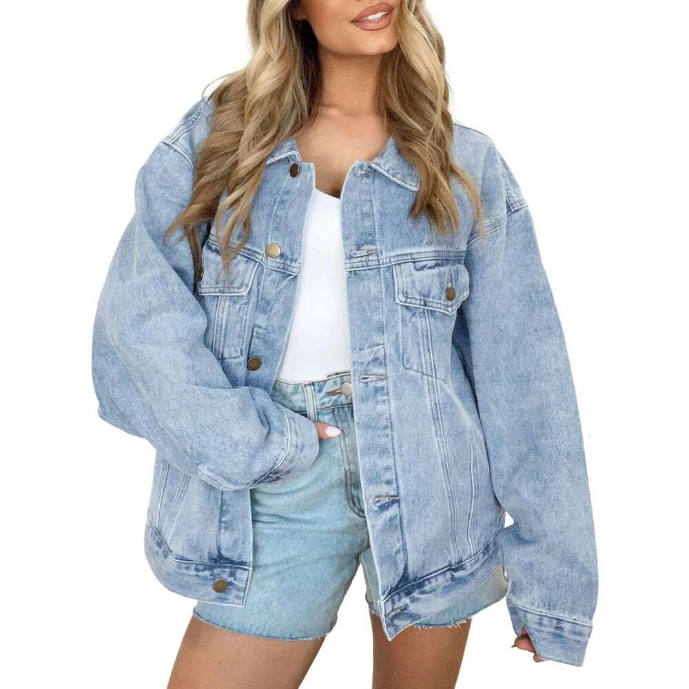 Women's denim jacket, denim long sleeved oversized button jacket, fashionable jacket, size according to product description