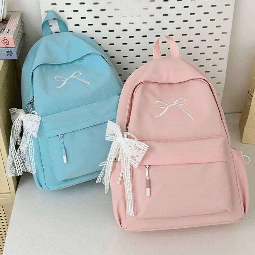 Portable Embroidered Bow Girls Backpack Nylon Large Capacity Students Schoolbag Solid Color Lightweight Travel Rucksack Z260204