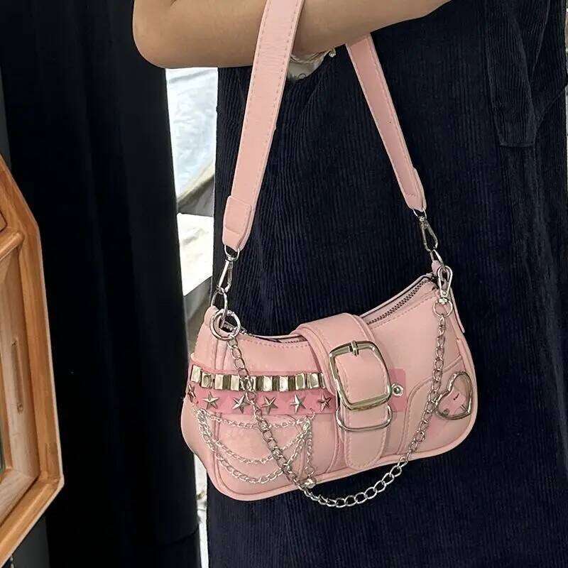 Y2K Cool Hot Girls Chain Shoulder Bag Casual Retro Women Underarm Handbags Commuter Candy Color Female Portable Shopping Bags C260204