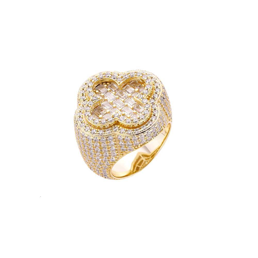 Luster Hiphop Jewelry Four Leaf Clover Baguette Round Moissanite 925 Silver White Gold Plated Engagement Moissanite Ring for Men