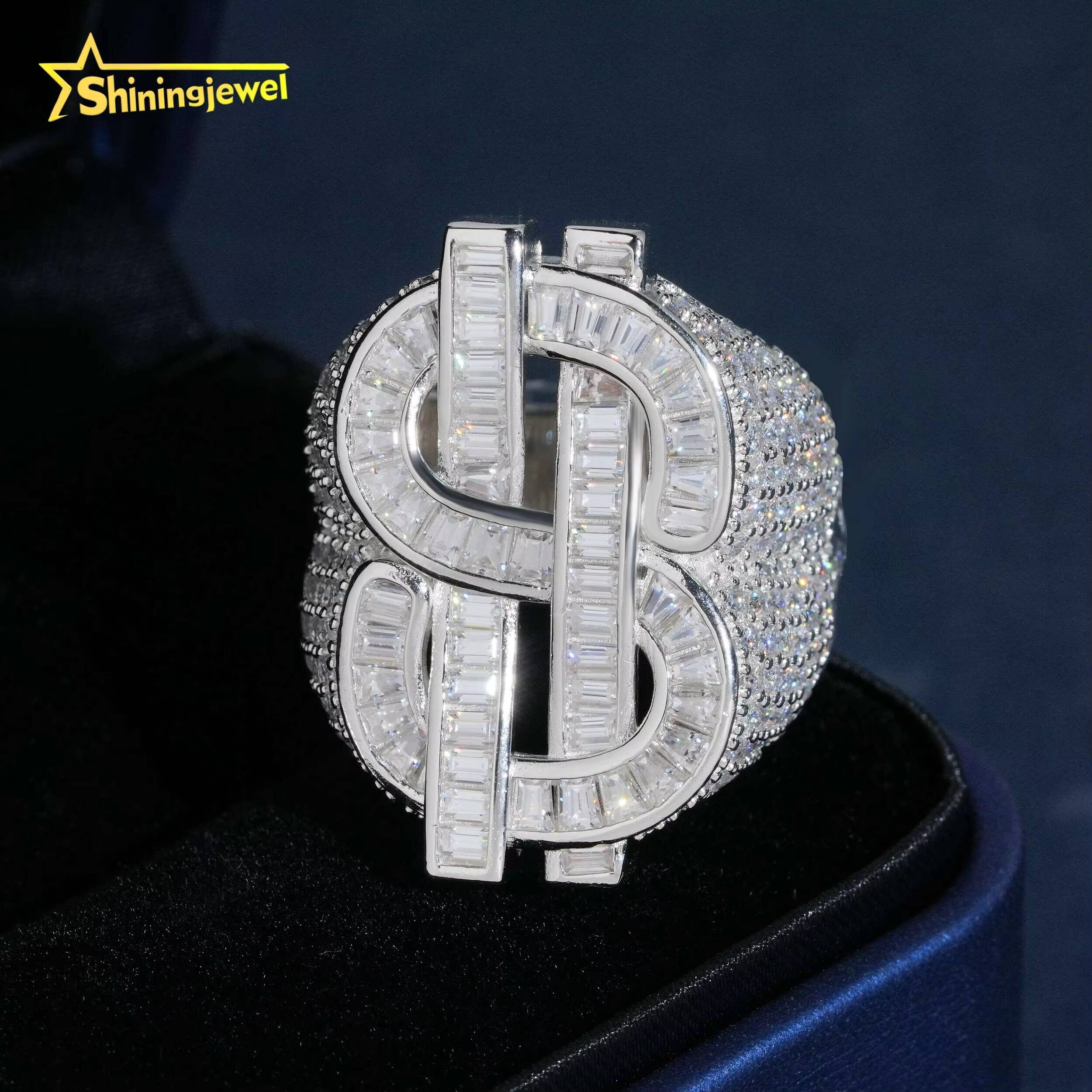 925 Silver Moissanite Hip Hop Jewelry Men Diamond Ring Pass Diamond Tester Iced Out baguette USD Dollar Ring