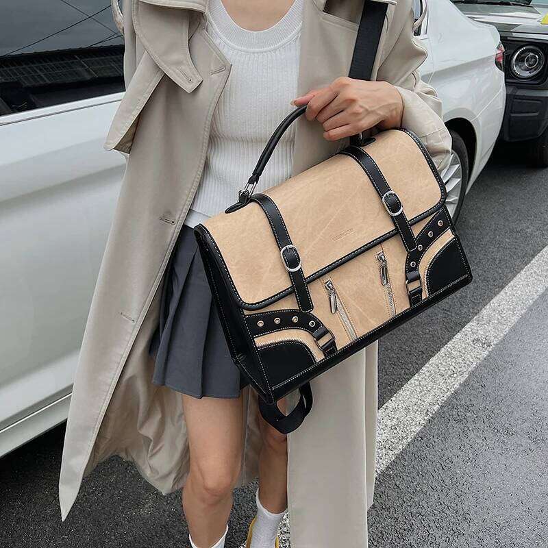 British style Women PU Backpack Fashion Zipper Patchwork Rectangle Briefcase Female Large Capacity Outdoor Vintage Travel Bag Z260204