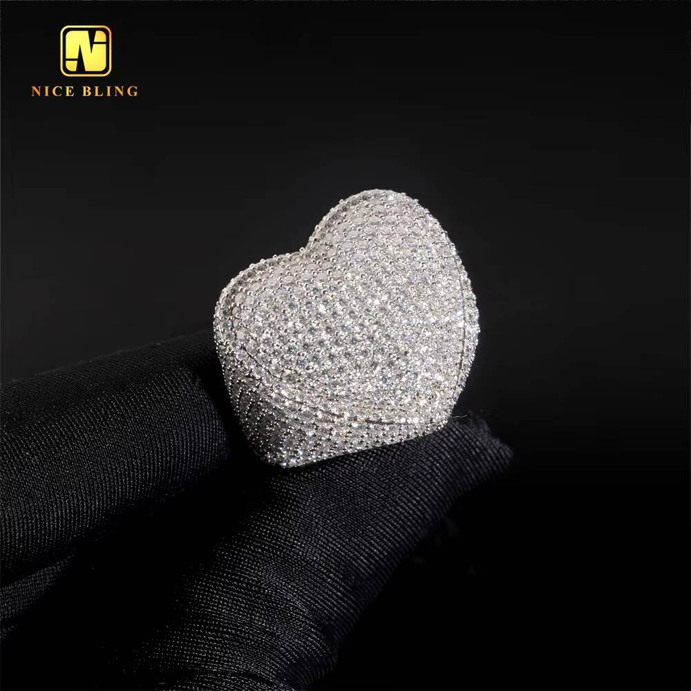 Pass Diamond Tester Heart Shape Hip Hop Rapper VVS Moissanite Fine Jewelry Diamond Iced Out Jewelry 925 Silver Ring for Men