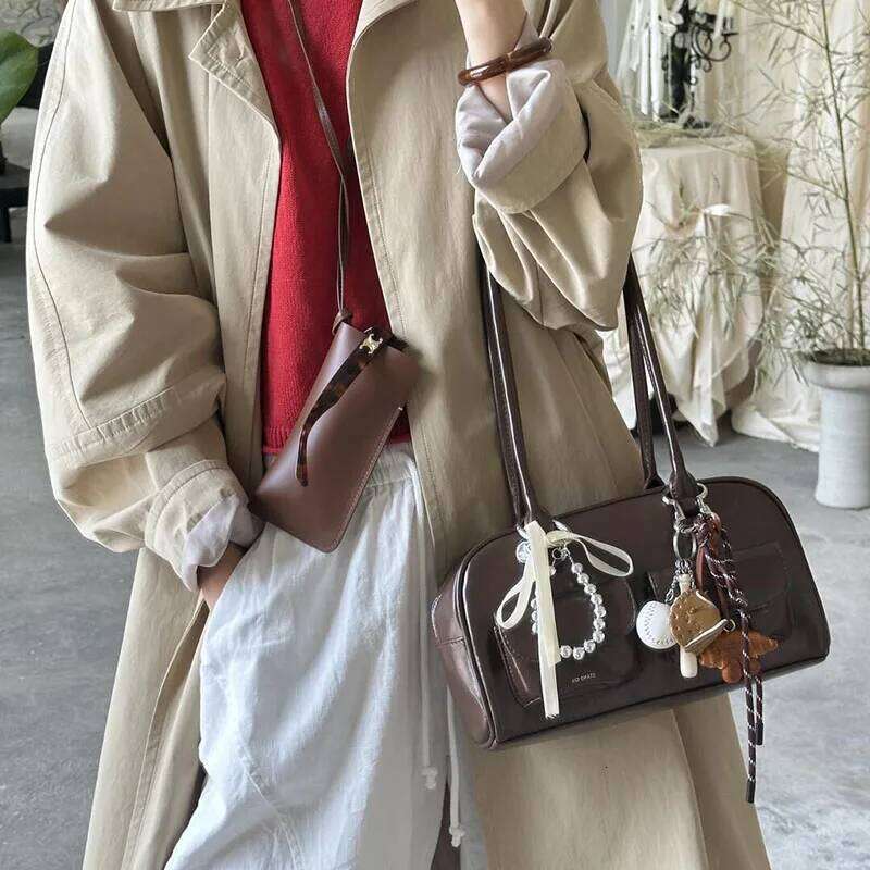 New Large Capacity Brown Bowling Handbag Women's Shoulder Retro Korean INS Style Autumn Winter Fashion Trend Bag C260204