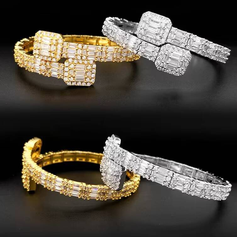 Fine Jewelry Bracelet 925 Silver Gold Plated Resizable Iced Out VVS Baguette Moissanite Bangle Bracelet