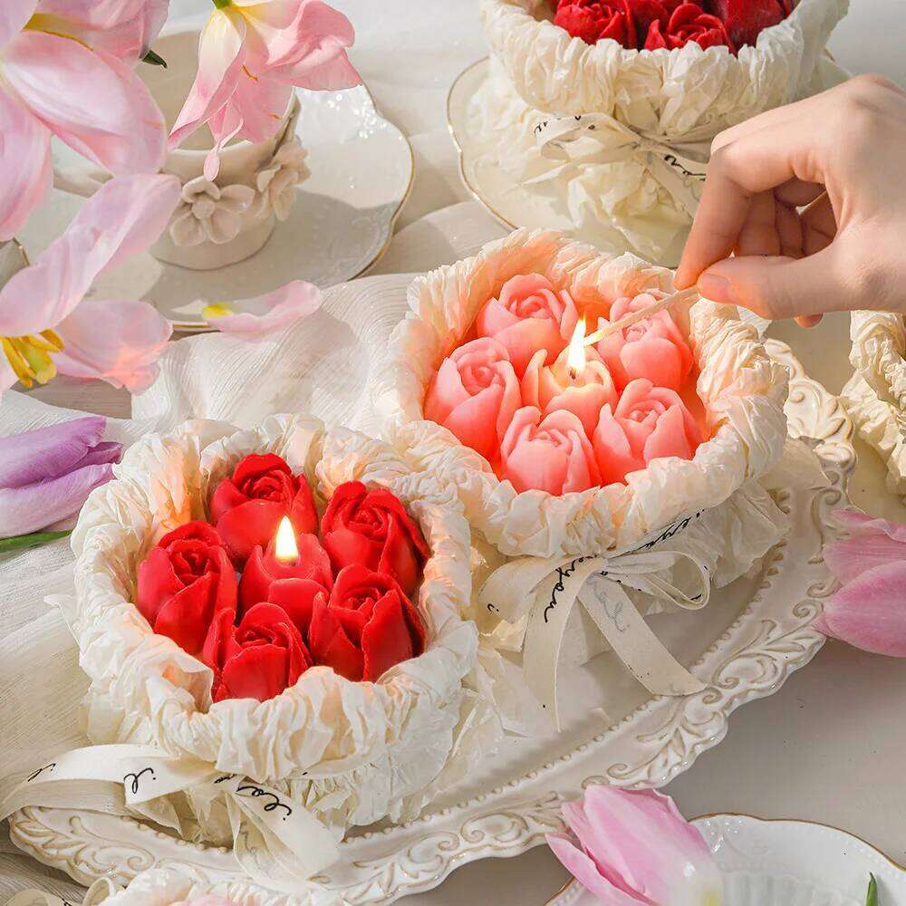 Mother's Day romantic bouquet box hand gift handmade scented tulip rose flower candle S260204