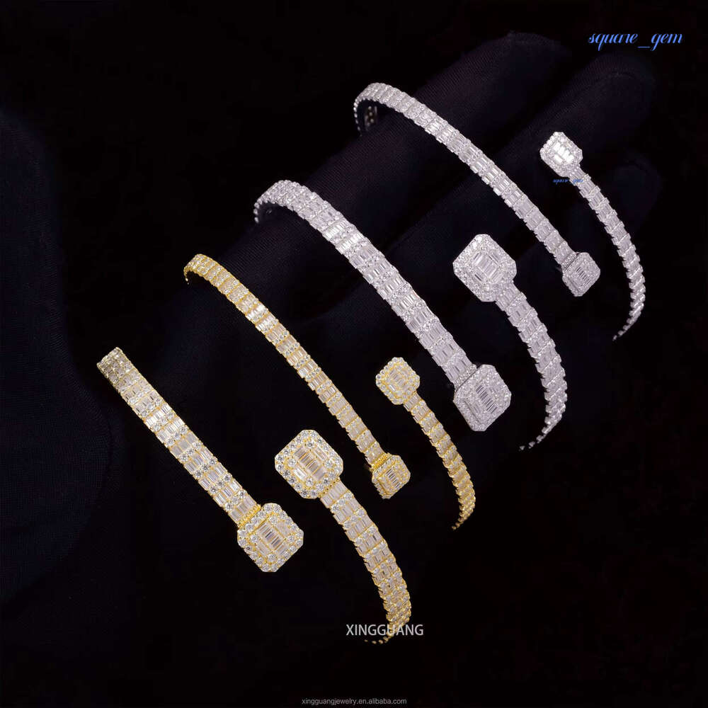 XG Square Iced Out Cuban Bangles 925 Silver Plated Gold Vvs Moissanite Bracelets