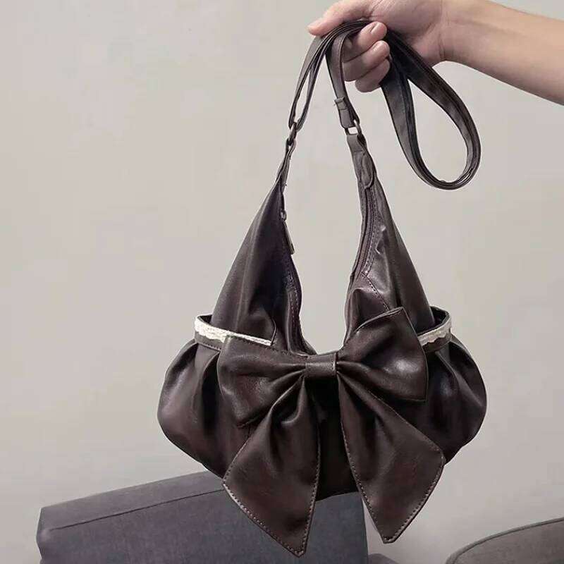 Bow Women's Crossbody Stylish Lace-trimmed Vintage Brown Handbag Large Capacity Student Shoulder Bag With Side Pockets C260204