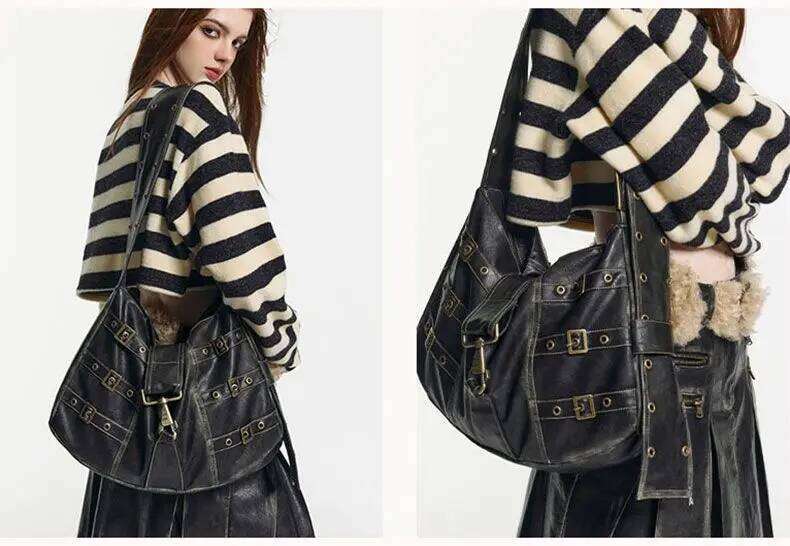 JIAERDI Vintage Black Handbag Women Y2k Grunge Leather Chic Large Capacity Tote Female Retro Casual Shoulder Bag Bolso C260204