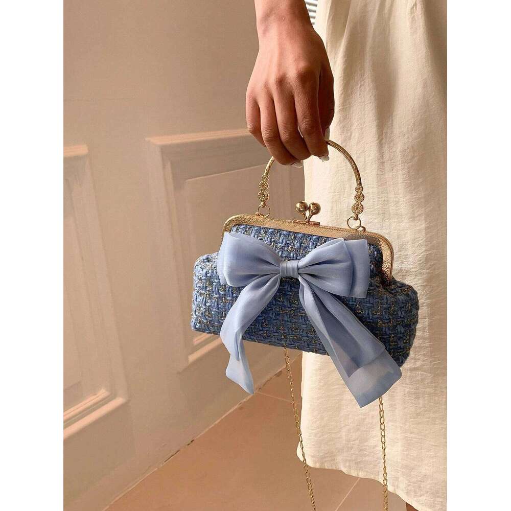 Glittering Chain Plaid Pattern Evening For Women Bow Decor Shoulder Bag, Fashionable Elegant Clutch, Womens Crossbody Bag C260204