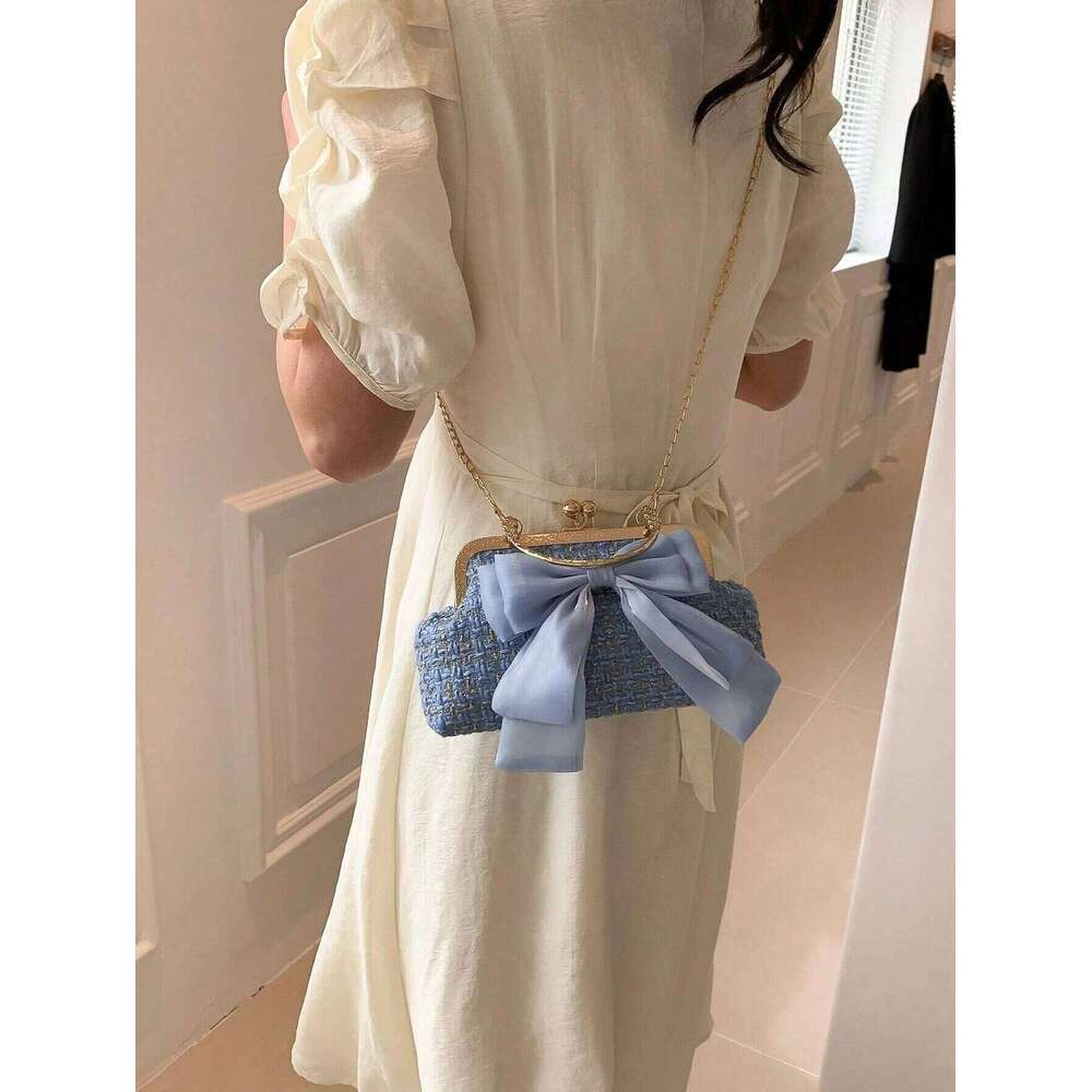 Glittering Chain Plaid Pattern Evening For Women Bow Decor Shoulder Bag, Fashionable Elegant Clutch, Womens Crossbody Bag C260204