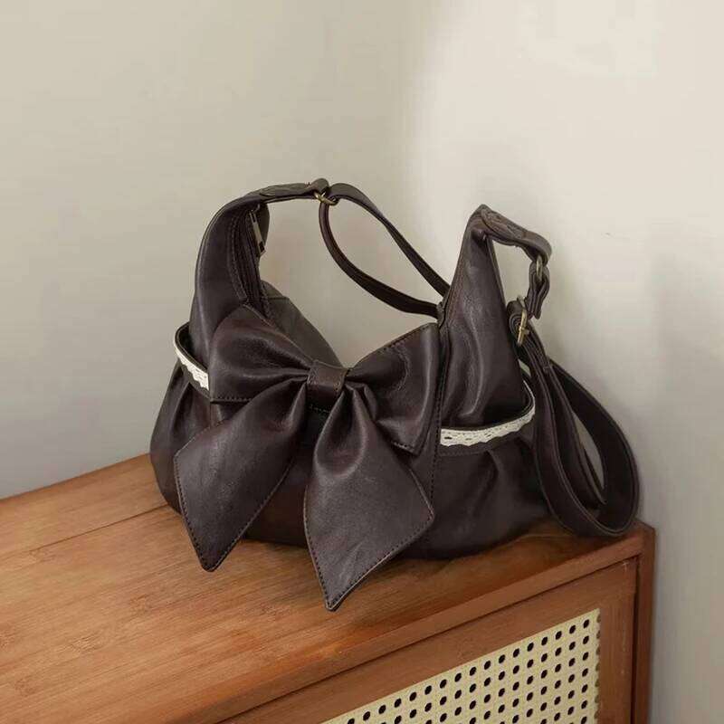 Bow Women's Crossbody Stylish Lace-trimmed Vintage Brown Handbag Large Capacity Student Shoulder Bag With Side Pockets C260204