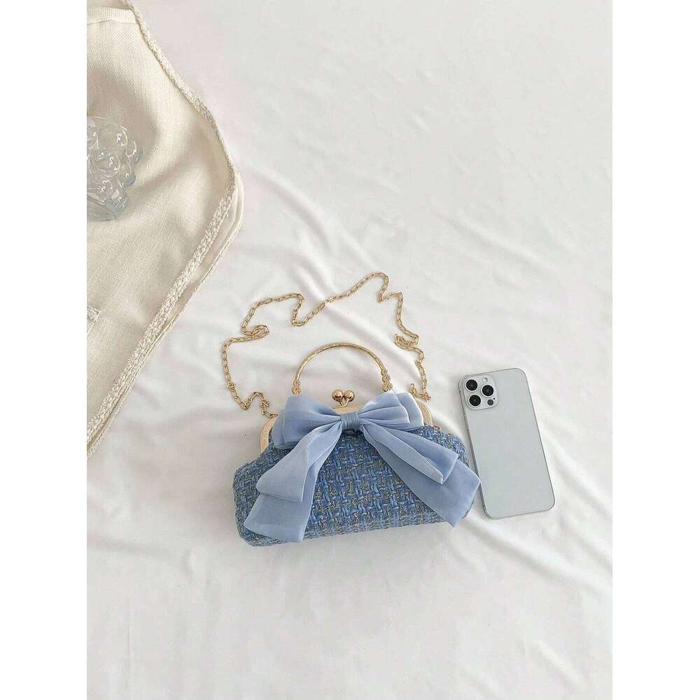 Glittering Chain Plaid Pattern Evening For Women Bow Decor Shoulder Bag, Fashionable Elegant Clutch, Womens Crossbody Bag C260204