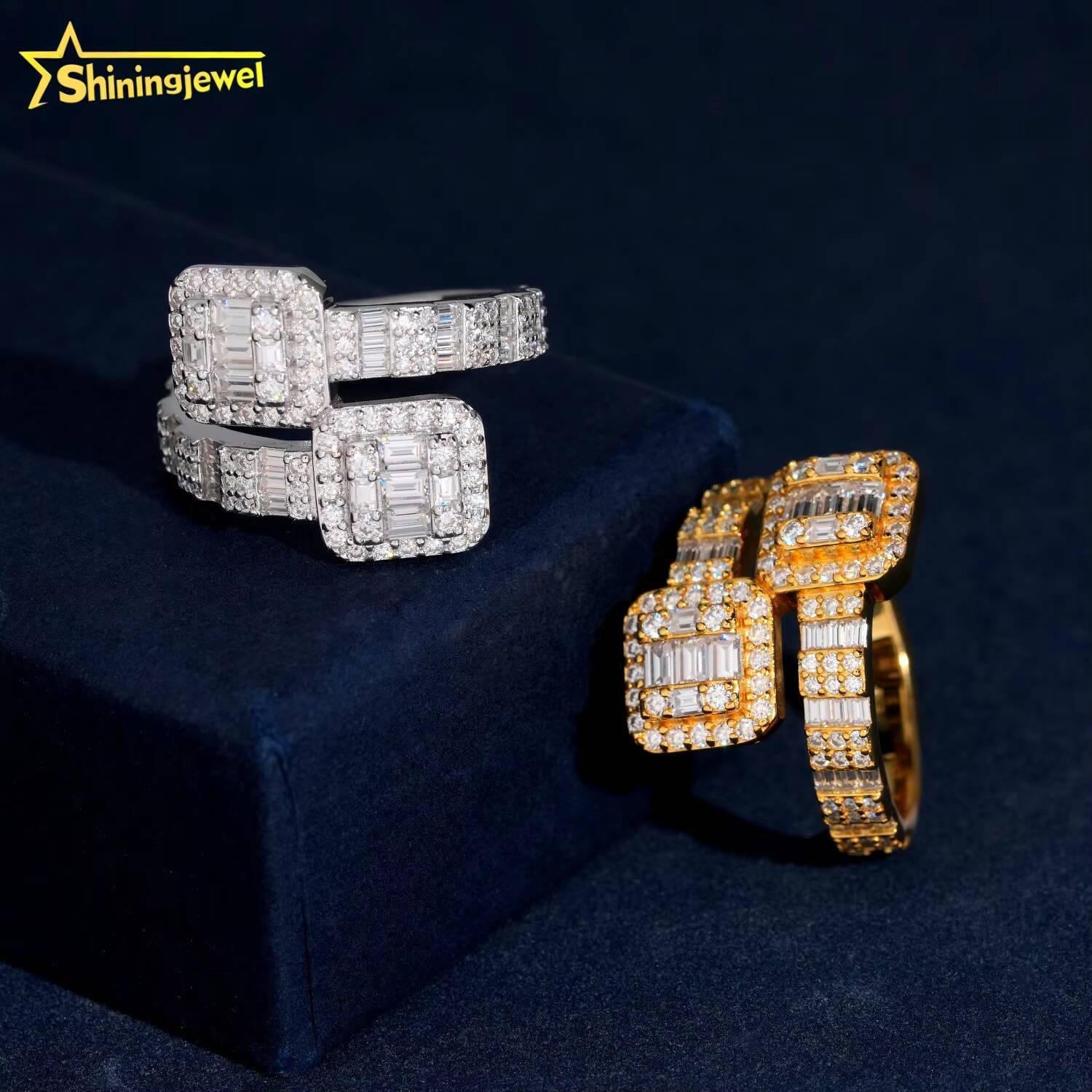 Real Gold Plated Square Shape Open Ring Pass Diamond Tester Hip Hop Jewelry 925 Silver Fully Iced Baguette Moissanite Men Ring