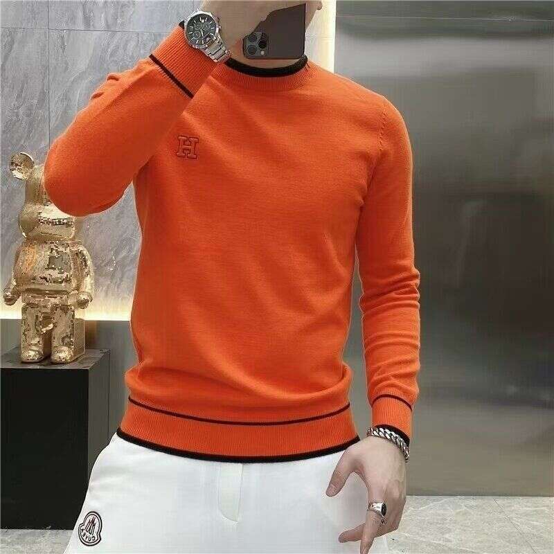 Men's Knitted Long Sleeve Round Neck Letter Embroidery Autumn Winter Sweater Versatile Base Layer Slim Fit Trendy T-Shirt