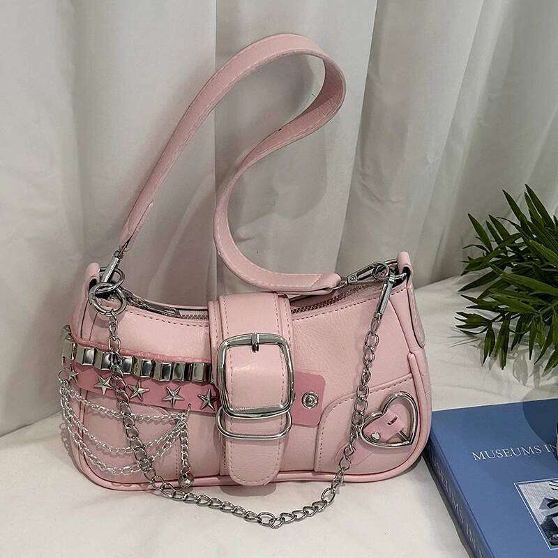 Women's PU Shoulder Bags Baguette Shape Sliver Chains Star Stickers Waterproof Fashion Luxury Handbags C260204