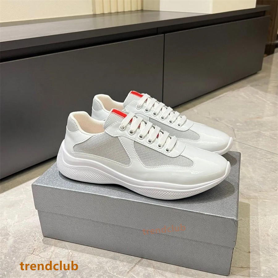 Designer Americas Cup Sports Casual Shoes Men Women Patent Leather And Technical Fabric Runner Flat Sneakers Black White Blue Red Rubber Sole Outdoor 