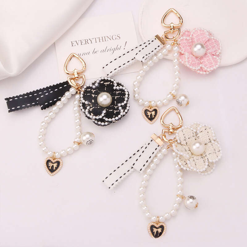 New Pearl Camellia Ribbon Keychain Pendant Cute Colorful Fabric Flower Accessories Earphone Case Bag Decoration