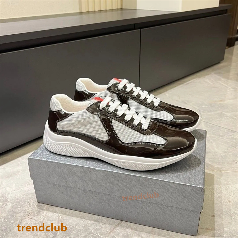 Designer Americas Cup Sports Casual Shoes Men Women Patent Leather And Technical Fabric Runner Flat Sneakers Black White Blue Red Rubber Sole Outdoor 