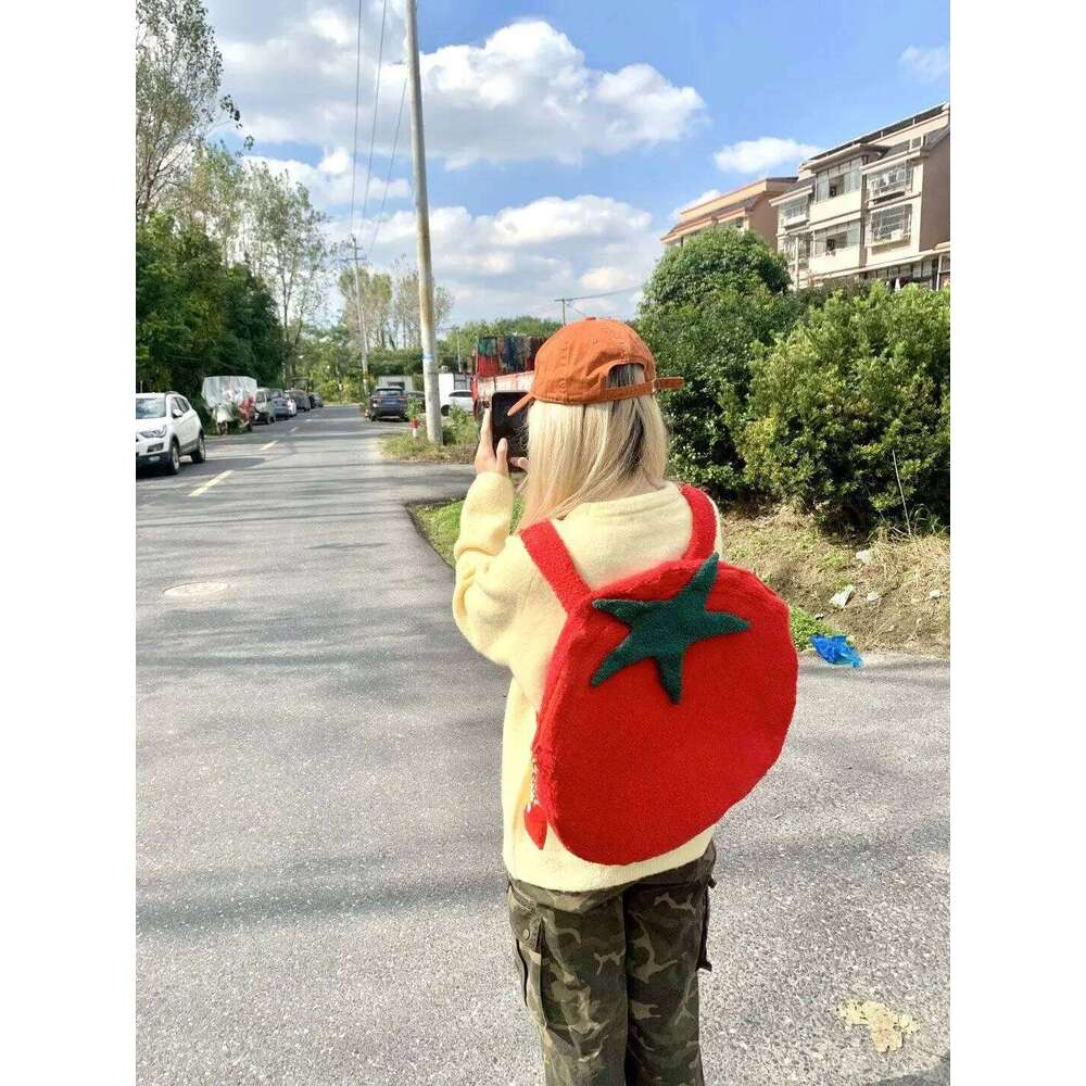 Tomato Shaped Fashion Sweet Street Style Korean Furry High-Capacity Backpack Unisex Z260204
