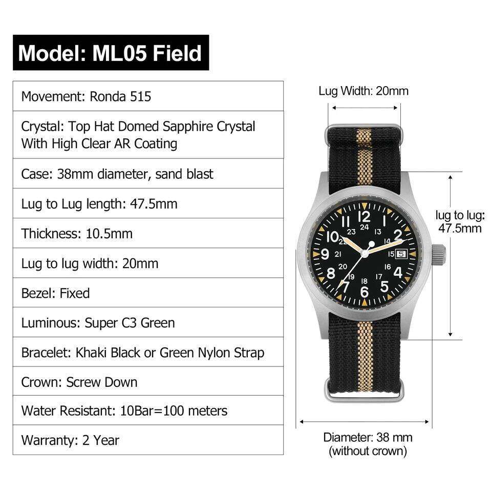 Militado ML05 38mm Outdoor 100m Waterproof Super Luminous Watches Ronda 515 Movement Sapphire Crystal Military Field Watch 26Y0204