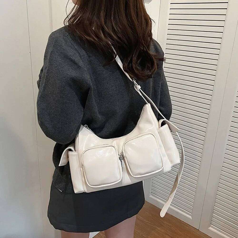 Y2K Pocket Crossbody Korean Style Adjustable Shoulder Strap PU Leather Underarm Bag Solid Color Zipper Handbag Women C260204