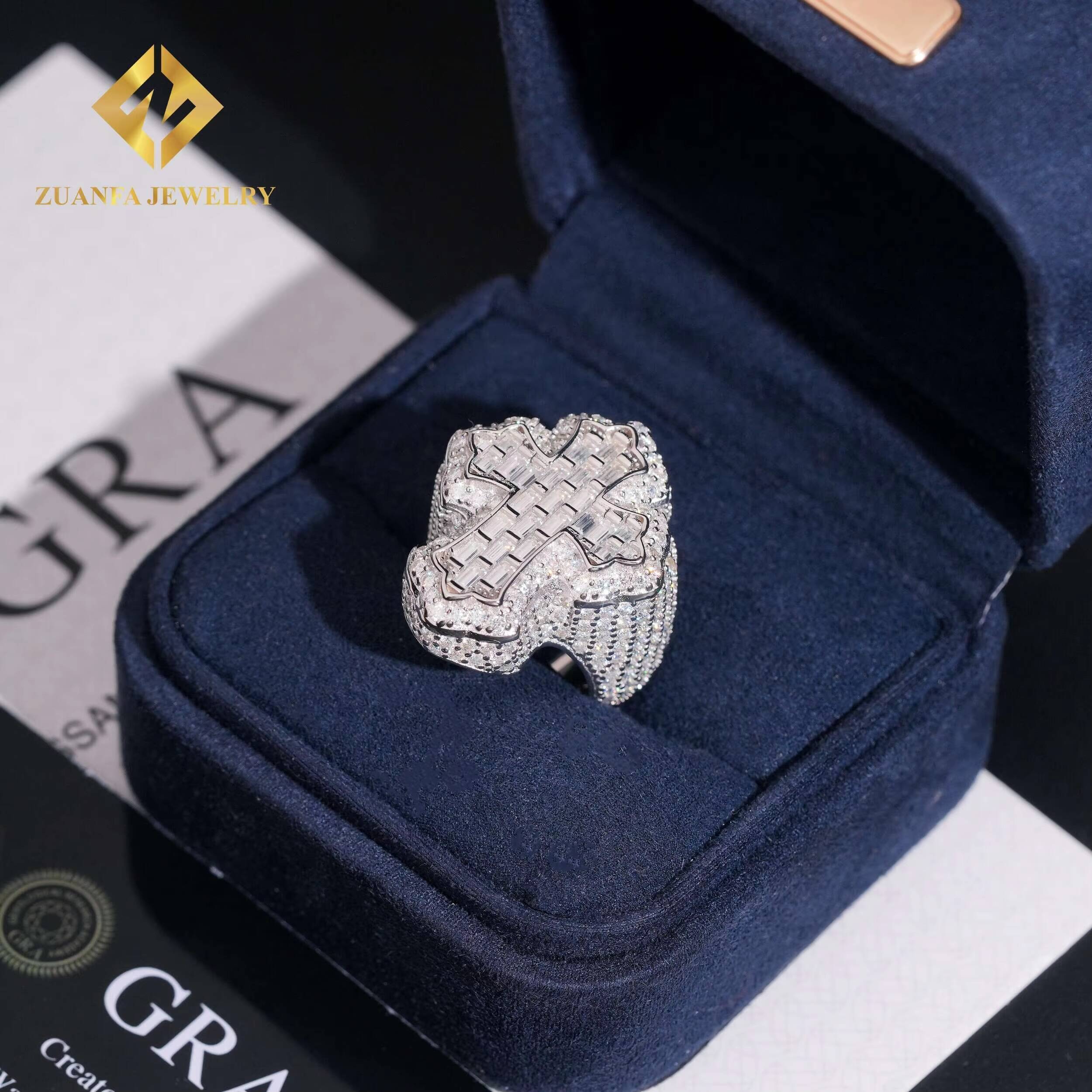 USA Warehouse Cross Ring Baguette Moissanite Ring VVS Iced Out Men Diamond Ring Ready to Ship Jewelry