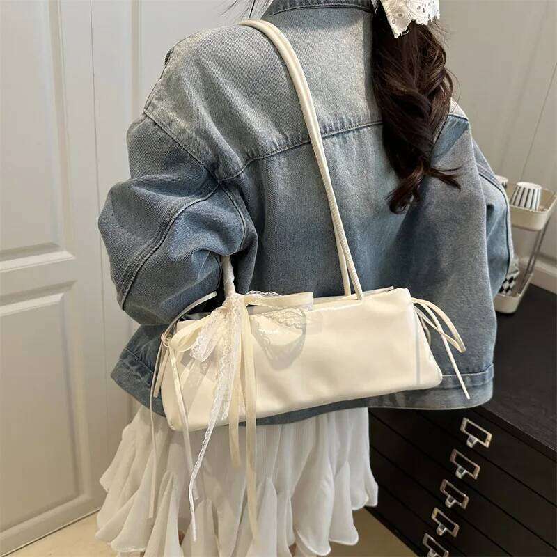 Fashion Bow Lace Ribbons Pu Shoulder Bags for Women Versatile Commuter Ladies Underarm Bag Solid Color Female Handbags Purse C260204