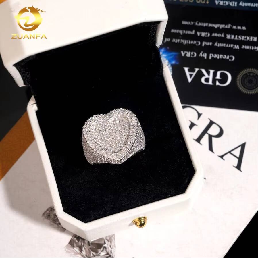 GRA Certificate 925 Silver Stock Heart Shape Fine Hip Hop VVS Moissanite Jewelry Diamond Iced Out Jewelry Ring for Men