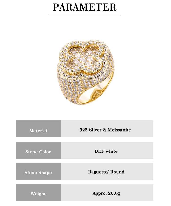 Luster Hiphop Jewelry Four Leaf Clover Baguette Round Moissanite 925 Silver White Gold Plated Engagement Moissanite Ring for Men