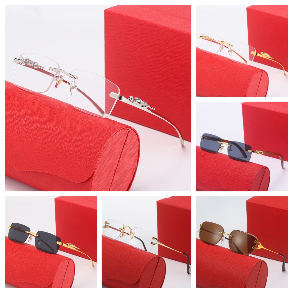 Designer Rimless Sunglasses - Gold/Silver Metal Frame Leopard Head Temples Rectangular Multi-Color Lens UV400 Protection Retro Hip Hop Luxury Glasses for Women Men