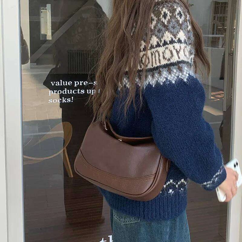 Vintage Maillard PU Leather Women's Shoulder Casual Versatile Female Messenger Simple Solid Color Ladies Armpit Bag C260204