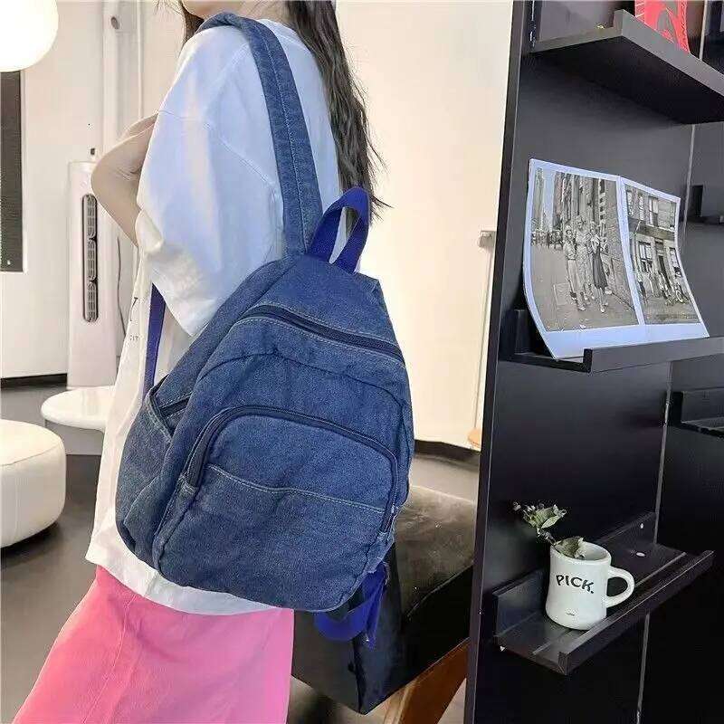Ins Simple Casual Student Korean Version Forest Style Retro Washed Denim Backpack Z260202