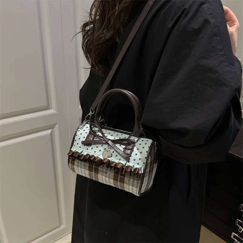 Sweet Bow Girls Crossbody Pillow Bags Versatile Vintage Plaid Ladies Shoulder Bag Lightweight Portable Women Handbag Purse C260204