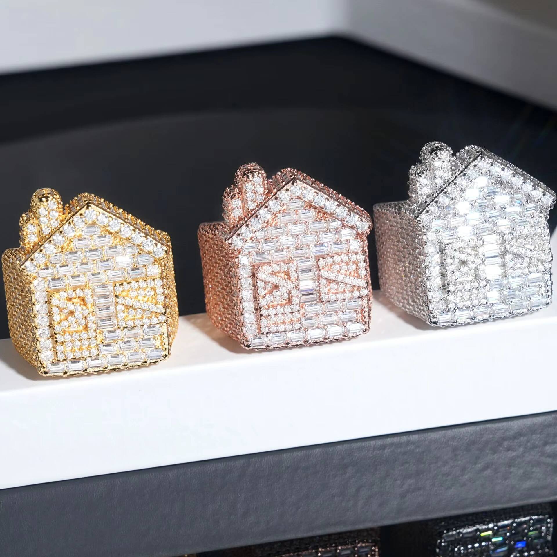 Wholesale Hip Hop Fine Jewelry Gold Plated 925 Sterling Silver House Design Stone VVS Baguette Iced Out Moissanite Ring for Men