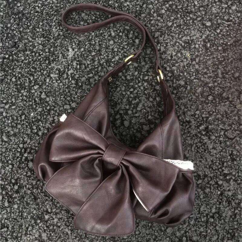 Korean Retro Bow Lace Tote Women Brown Soft Leather Large Capacity Shoulder Ladies Sweet Cute Harajuku Crossbody Bag New C260204
