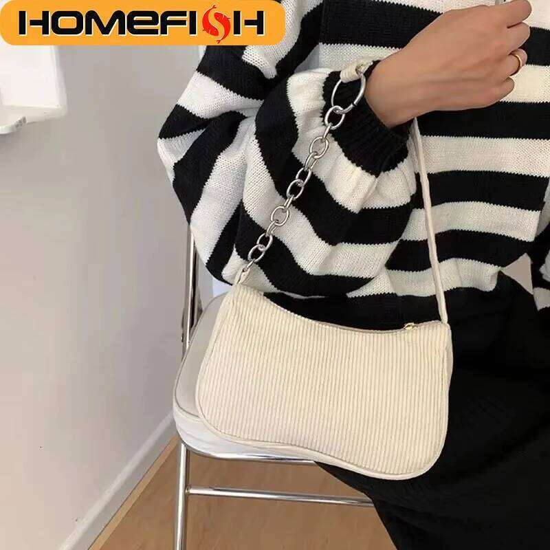 Fashion Vintage Handbags Corduroy Underarm Bag Casual Women Shoulder Bags Solid Color Zipper Female Handbag C260204