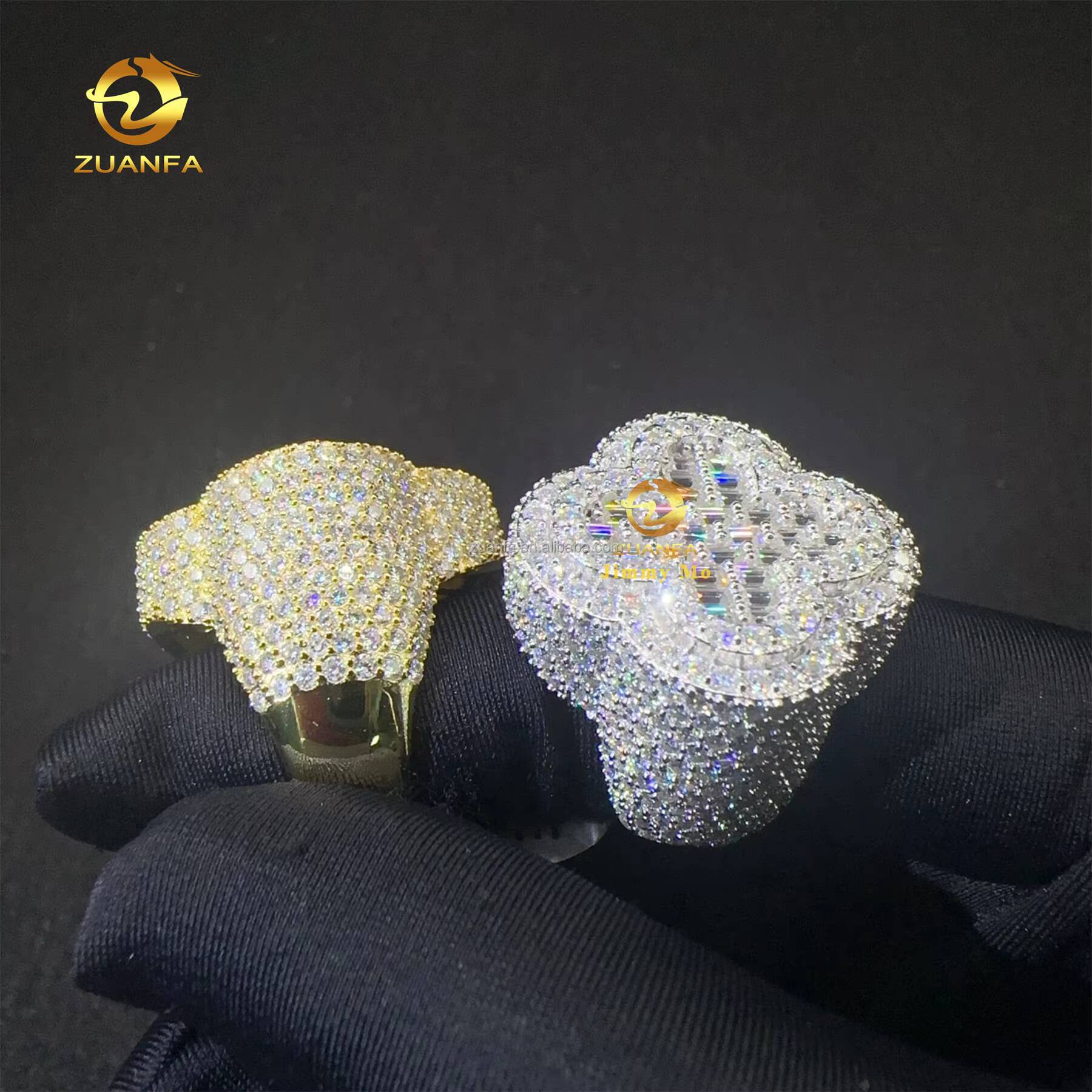 Fashion Man Jewelry Iced Out Flower Four Cleef Clover baguette Moissanite Diamond 925 Silver Hip Hop Ring for Men