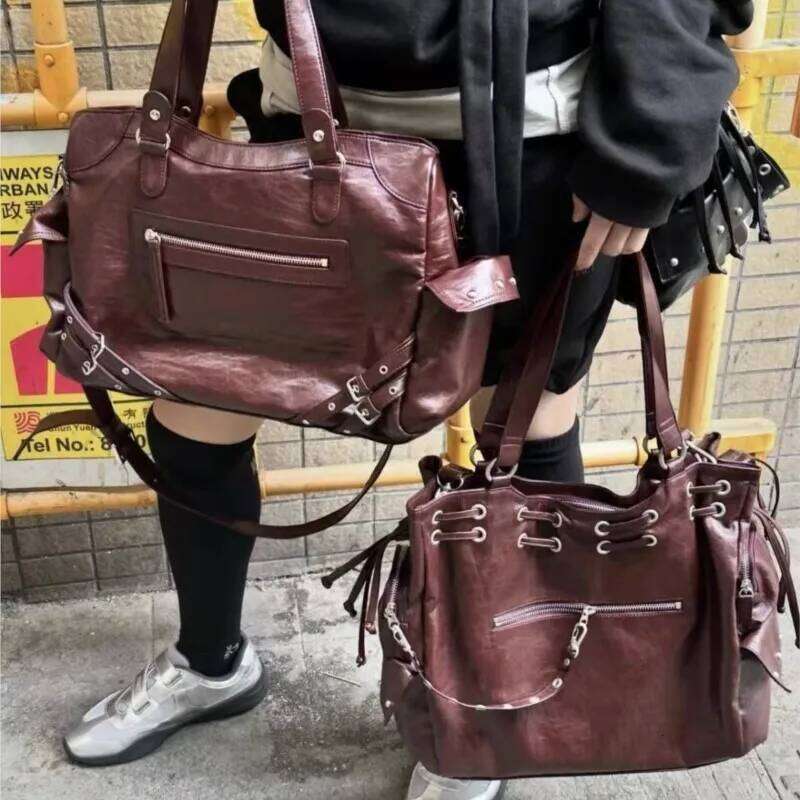 High Street Large Capacity Tote Bag Purse Women Retro Pocket Pu Leather Y2k Handbag Ladies Harajuku Casual Crossbody Bags C260204