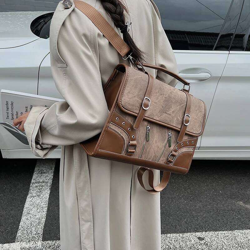 British style Women PU Backpack Fashion Zipper Patchwork Rectangle Briefcase Female Large Capacity Outdoor Vintage Travel Bag Z260202
