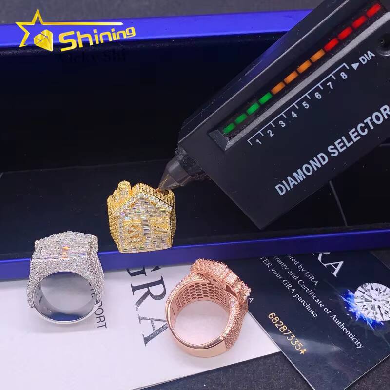 Fine Jewelry 925 Solid Silver House Style Iced Out Baguette Moissanite Diamond Ring Custom Moissanite Men Hip Hop Rings